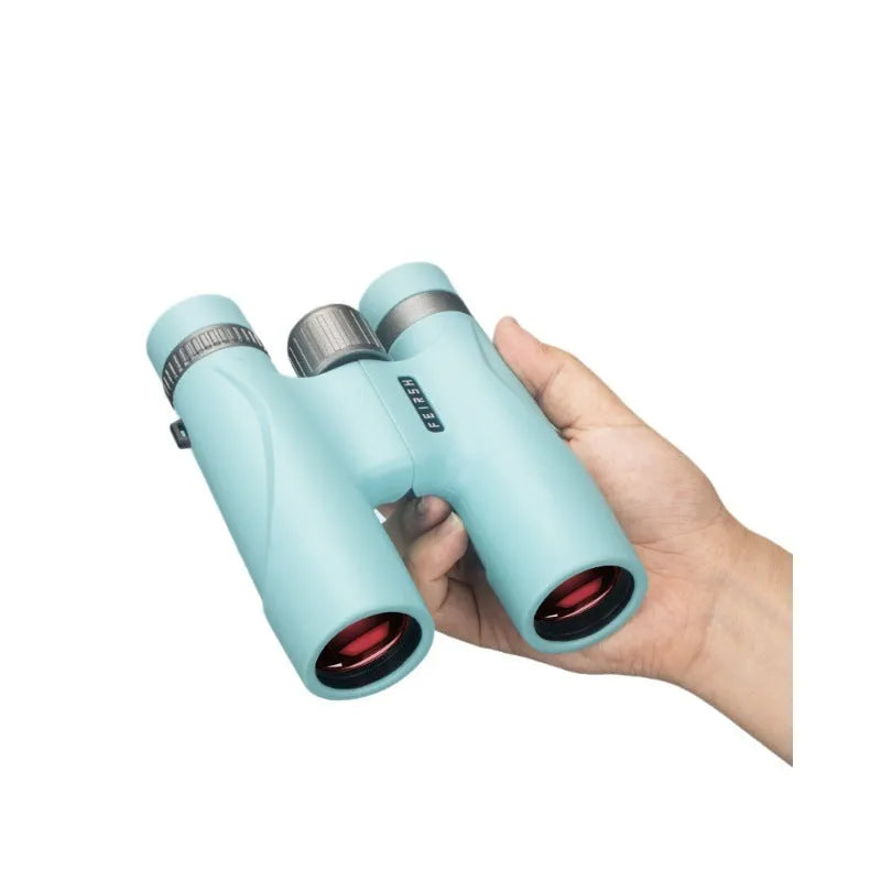 Wine red and grey 10x32 compact plastic binoculars showing eyepieces and objective lenses