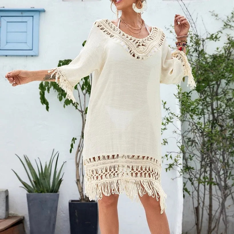 Apricot crocheted knitted patchwork beach dress with half sleeves and mid-length skirt