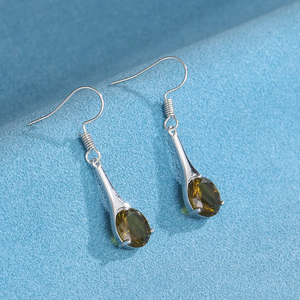 Olive green drop-shaped alloy earrings with minimalist design and electroplated finish