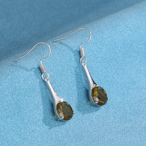 Olive green drop-shaped alloy earrings with minimalist design and electroplated finish