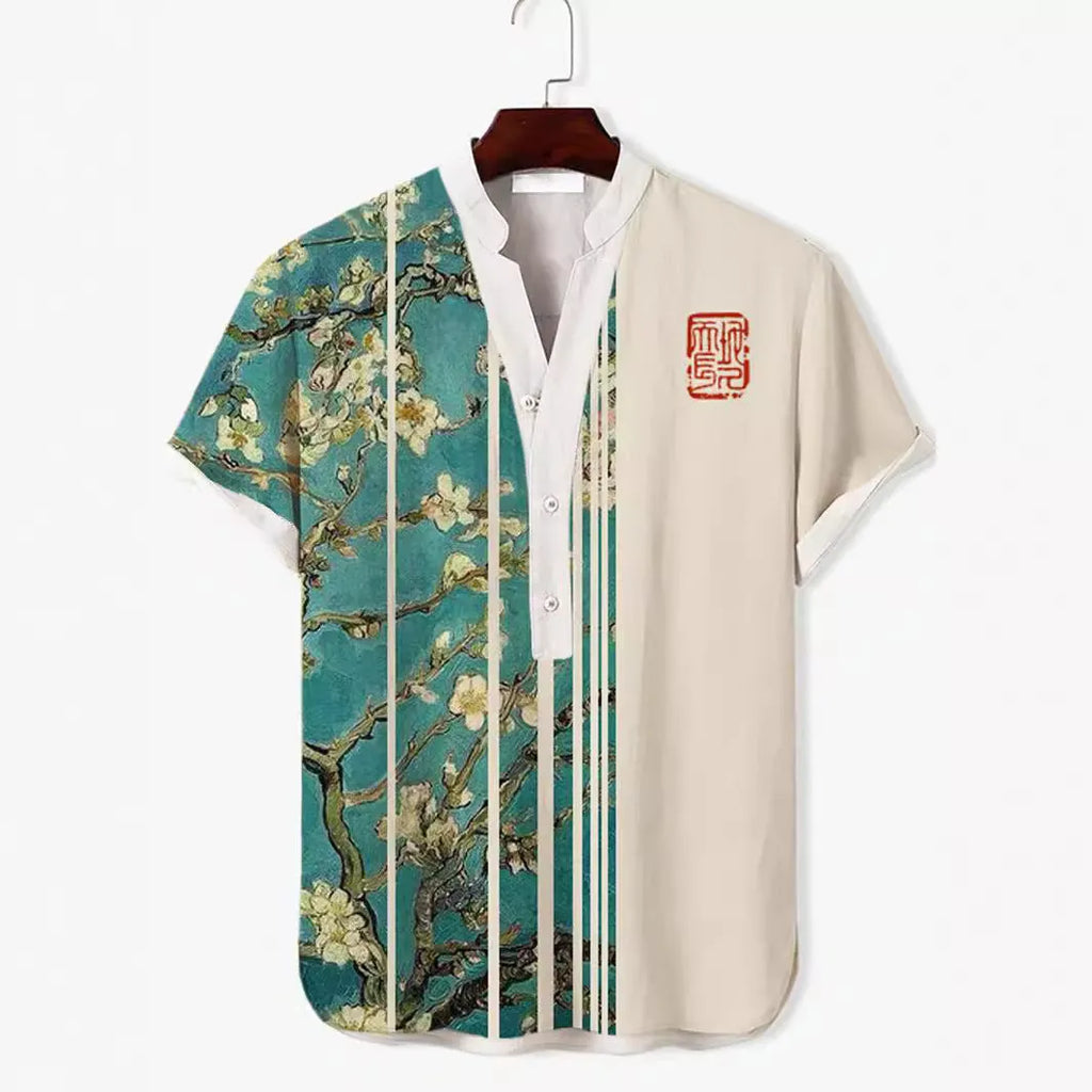 3D digital animal pattern short sleeve shirt on a hanger, showing the print detail.