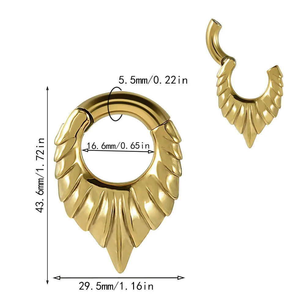 Drop-shaped stainless steel ear extender with totem design for stretched earlobes in colour style options