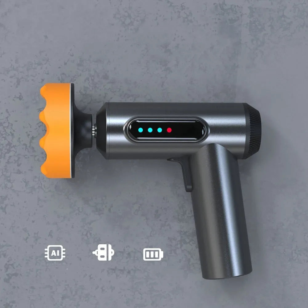 Cordless electric waxing and polishing machine with a white ABS housing and a circular polishing disc