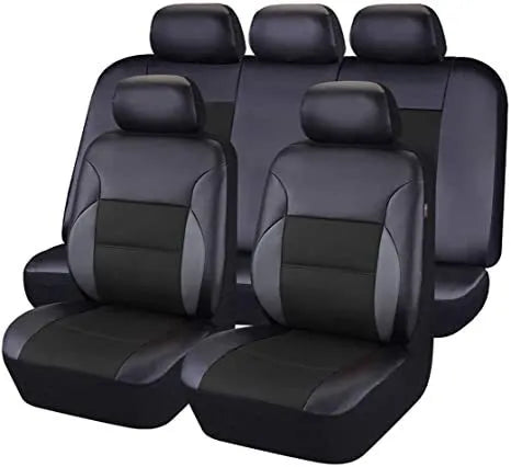 Artificial leather car seat cover set in black, showing front seat and headrest covers with hook fasteners.
