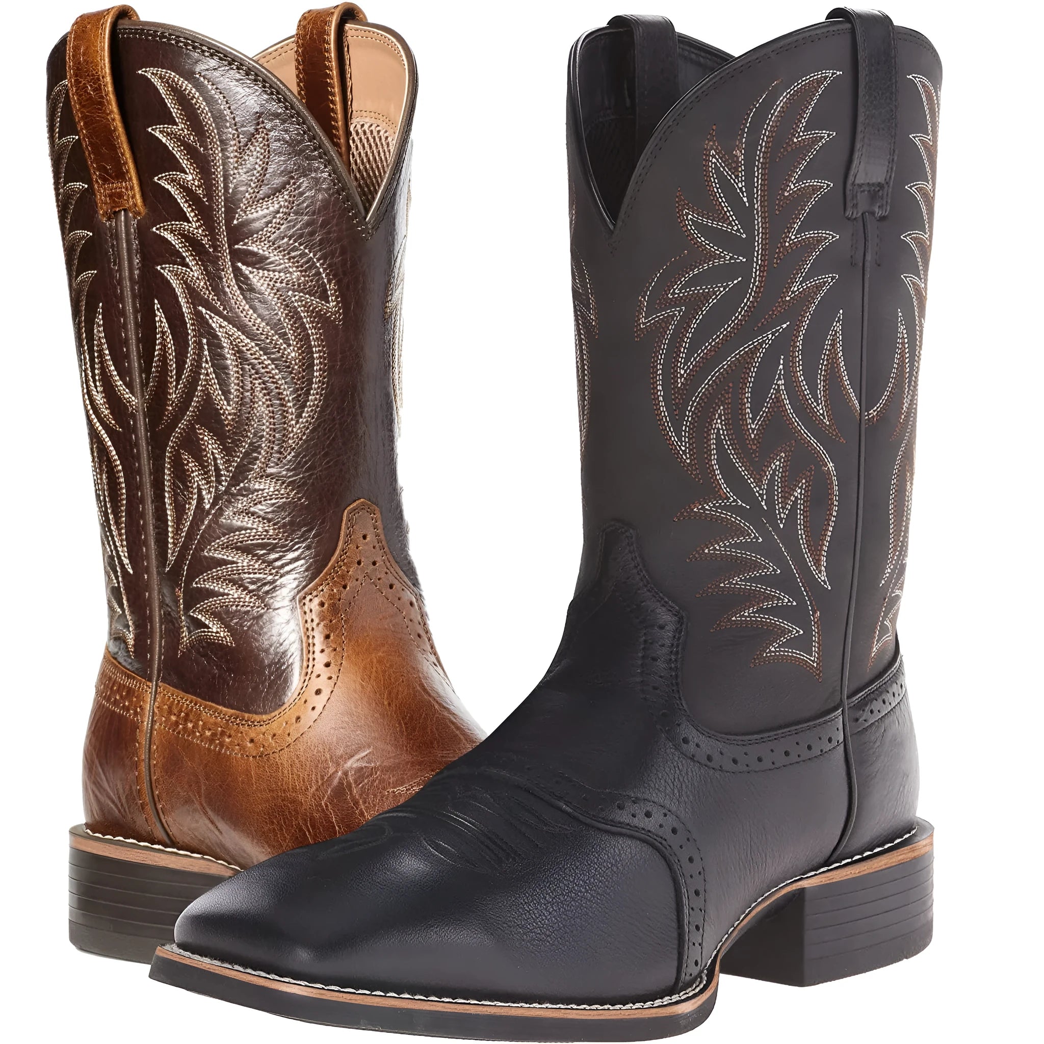 Men's black Western cowboy boots with high embroidery vintage pattern, square toe wide head design, and high cylinder construction