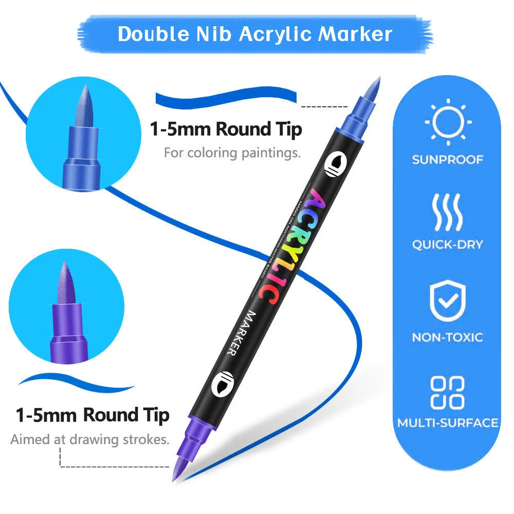 Double-headed acrylic marker pens in various colours showing both fine and broad tip options