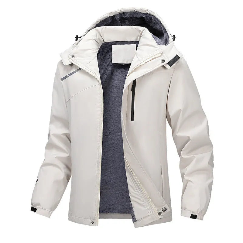 Men's plus size loose fit hooded coat in army green, showing waterproof polyester fabric and front zip.
