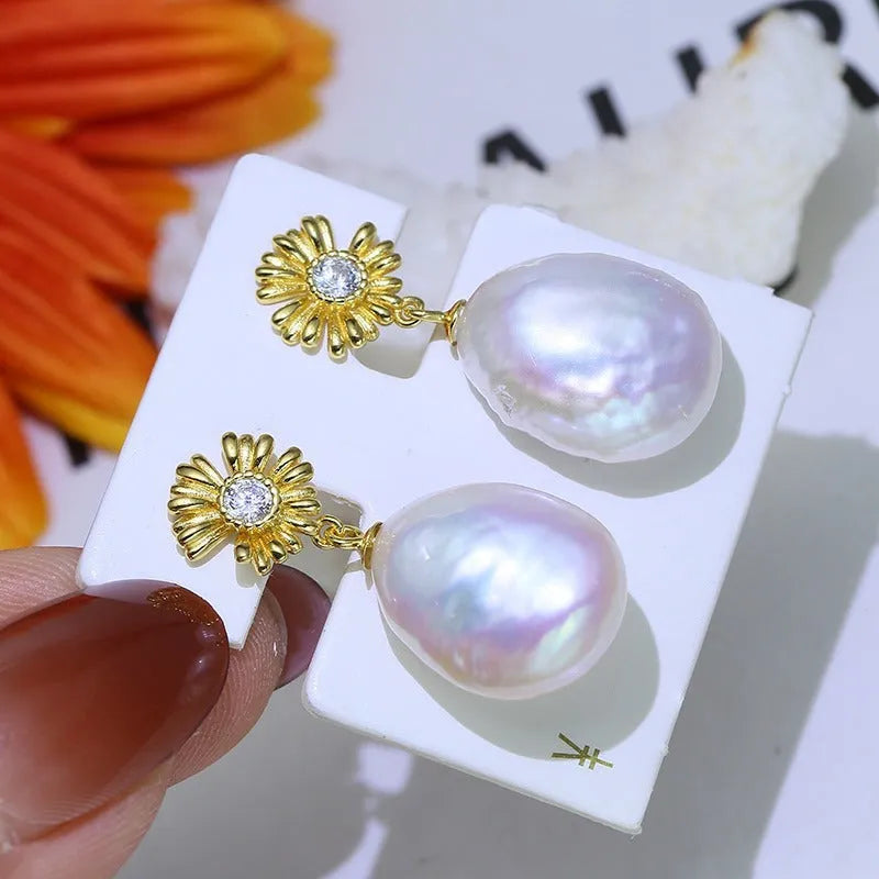Baroque S925 sterling silver flower earrings with matching silver ring holder for jewellery storage