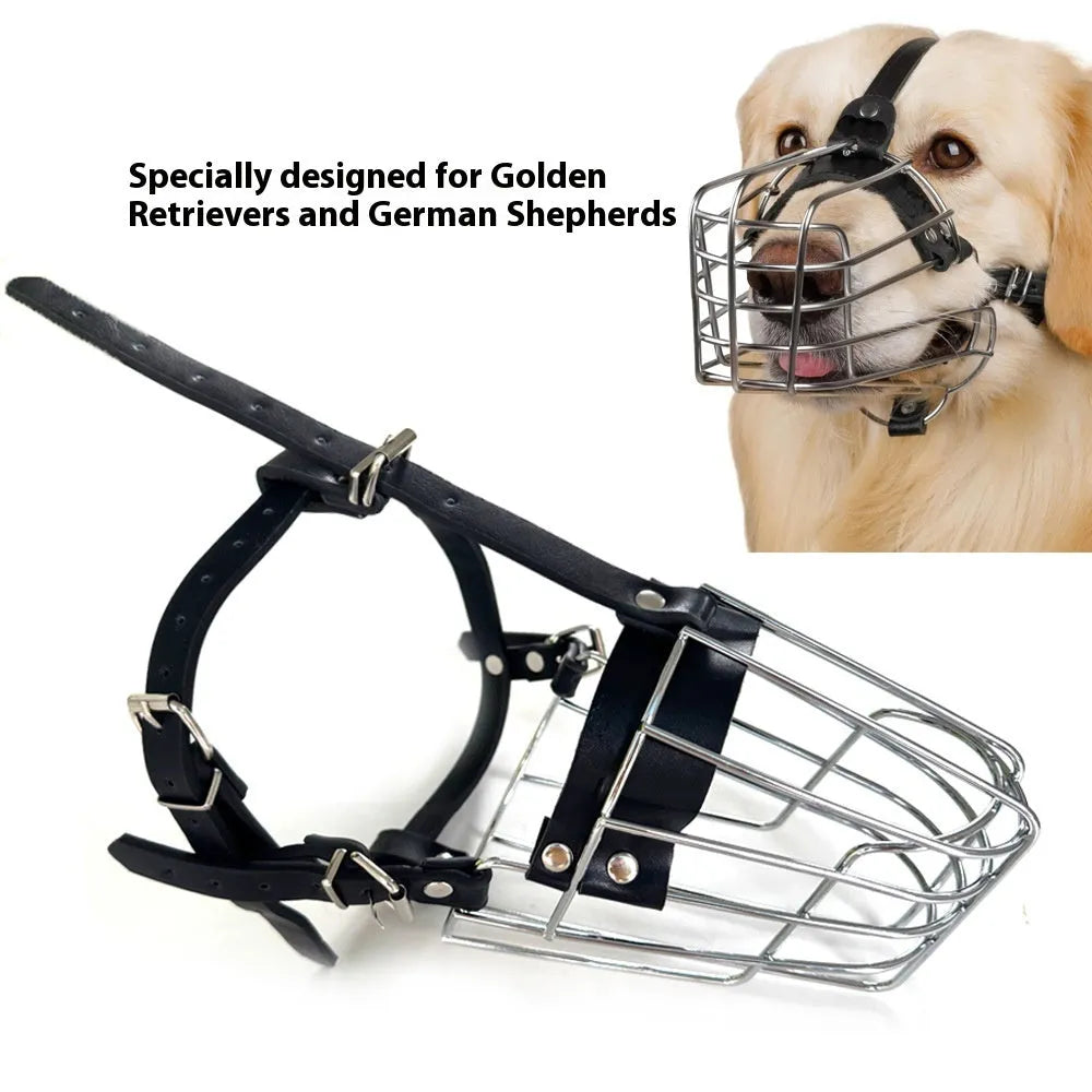 Black metal mesh basket dog muzzle for golden retriever or German shepherd with adjustable straps.