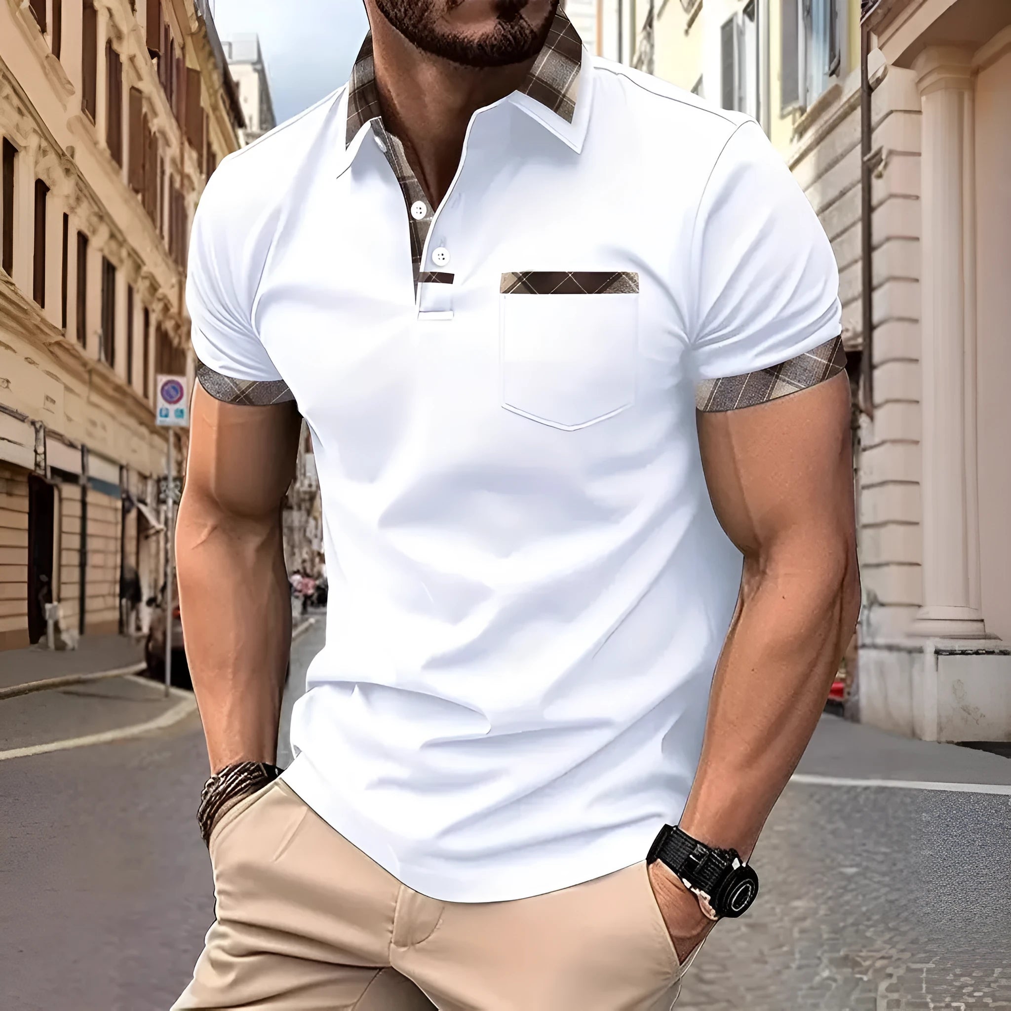 Men's plaid colourblock t-shirt with zipper decorations in loose fit polyester fabric