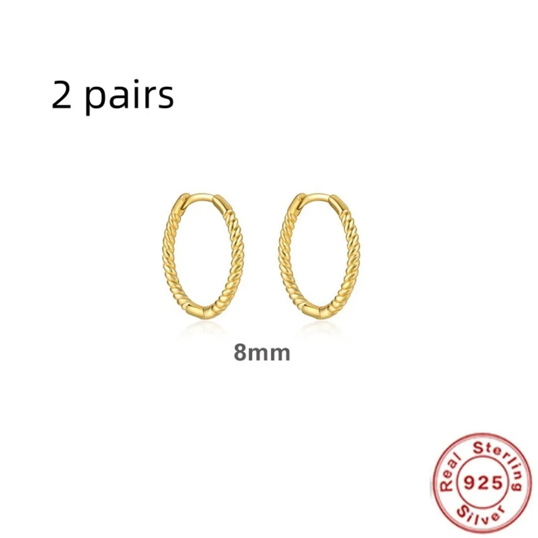 Sterling Silver twisted string round ring earrings in gold or platinum electroplated finishes