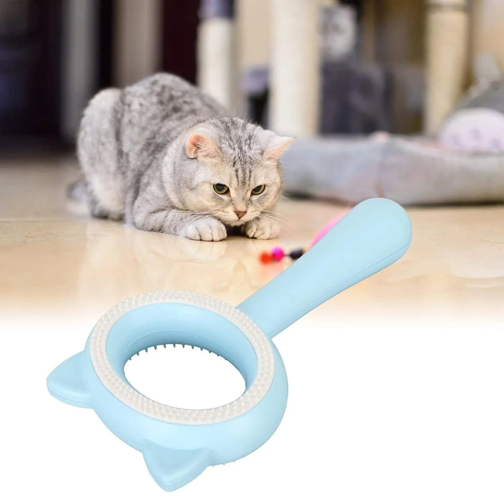 Blue and white dual-sided pet grooming brush with ergonomic handle for cats and dogs.