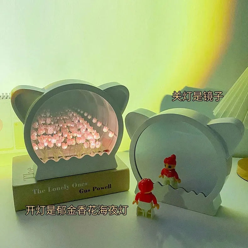 DIY craft kit for a cat head shaped night lamp decorated with handmade tulip flowers.