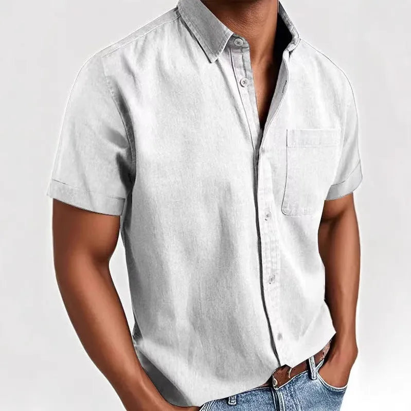 Men's loose fit short sleeve shirt in cotton blend fabric showing single-breasted cardigan styling
