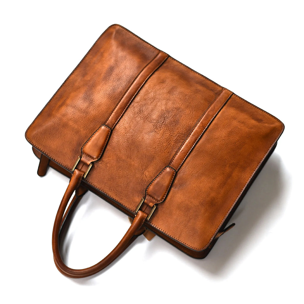 Men's 14 inch horizontal square leather business handbag in khaki or black colour