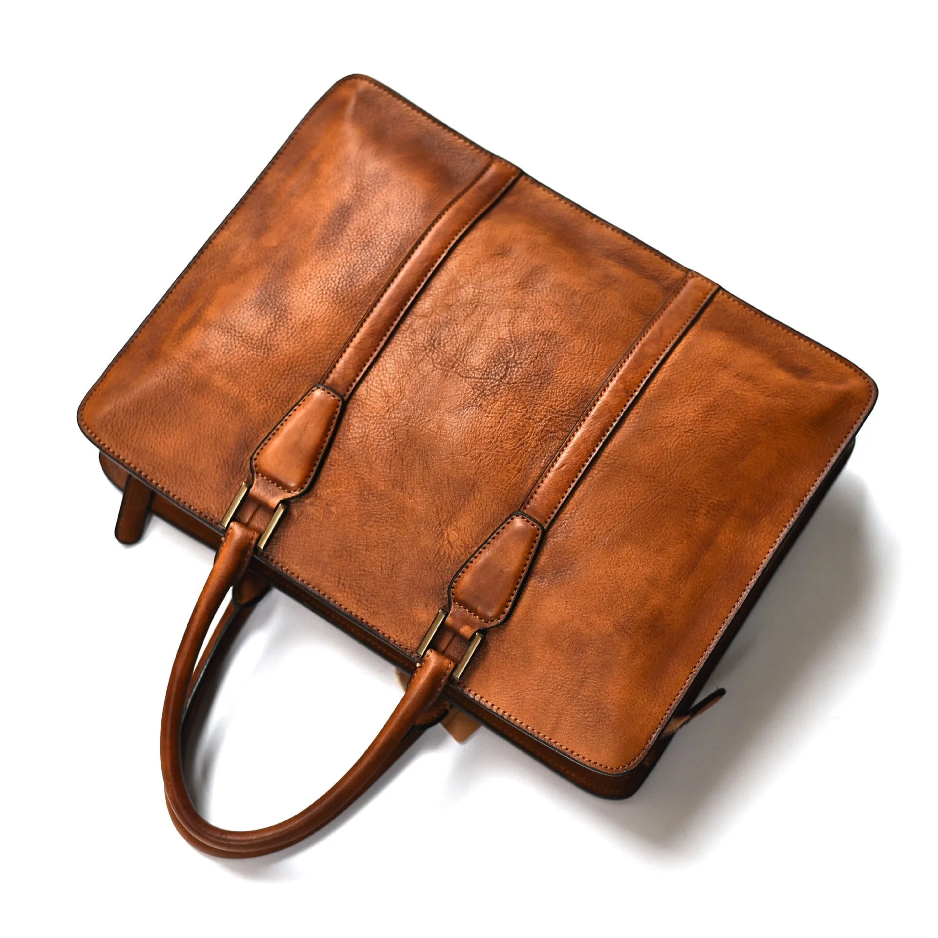 Men's 14 inch horizontal square leather business handbag in khaki or black colour