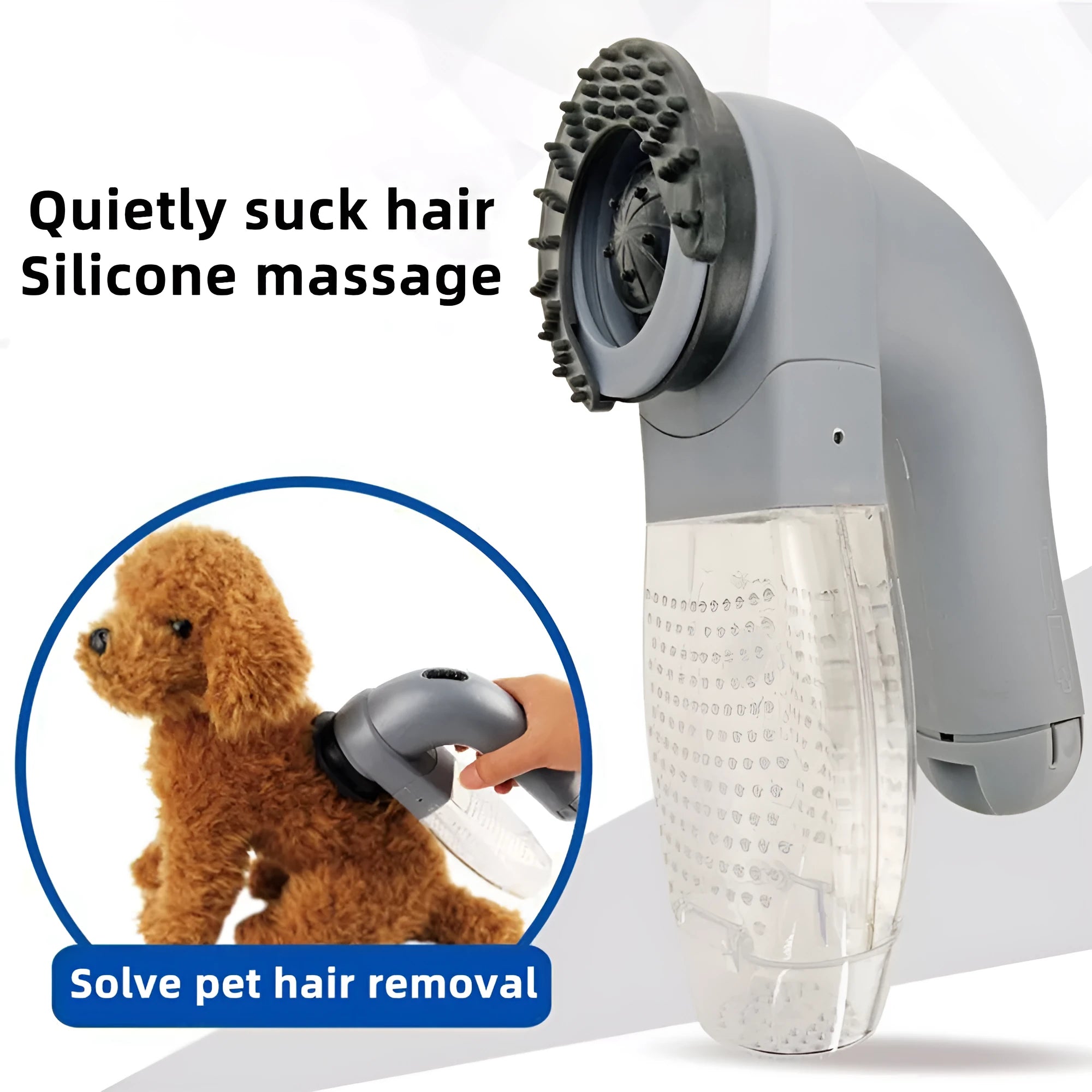 Grey handheld electric pet hair remover brush with soft rubber head, shown removing fur from upholstery.