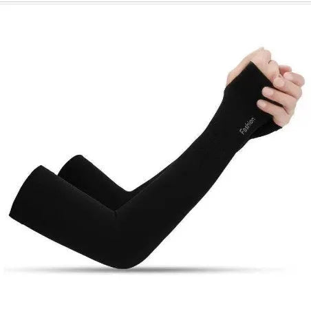 A pair of printed viscose ice silk sun protection sleeve gloves covering the forearm and elbow.