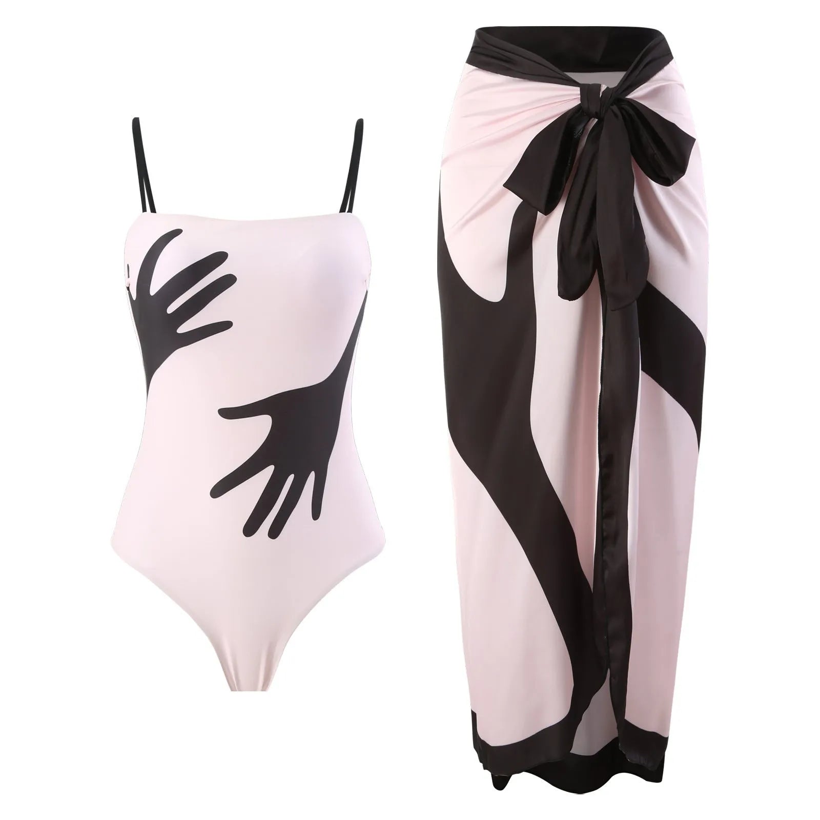 Patterned women's two-piece bikini swimsuit with a light tulle skirt.