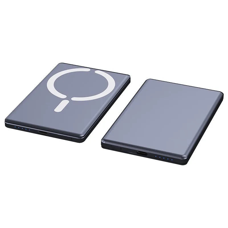 Ultra-thin magnetic power bank with alloy shell in dark gray colour showing compact 105x66mm dimensions
