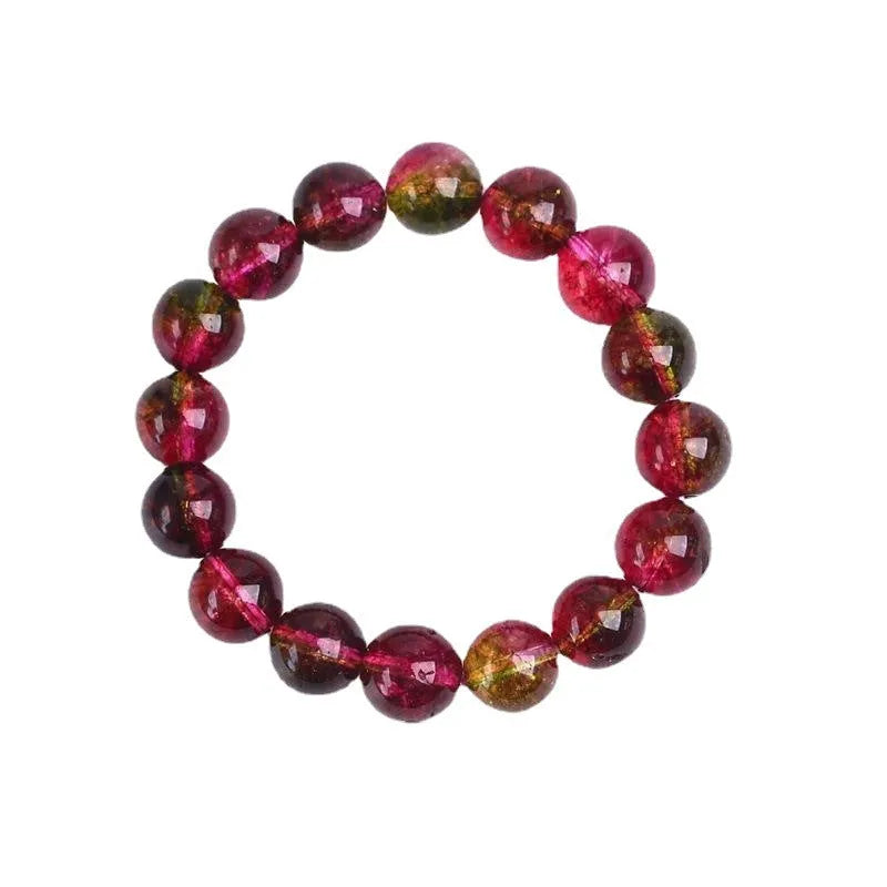 Women's watermelon crystal bracelet showing handcrafted beads in pastoral casual style