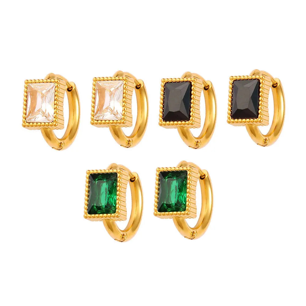 Geometric square zircon stainless steel earrings in white, black, or green colour options