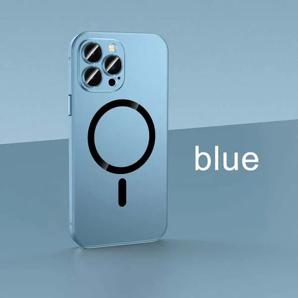 iPhone case with dark purple aluminium alloy frame and black PC back, showing glass camera lens cover.