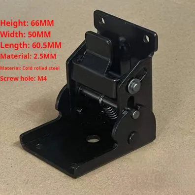 Close-up of a self-locking furniture folding hinge in an electroplated finish, set at a 90-degree angle.