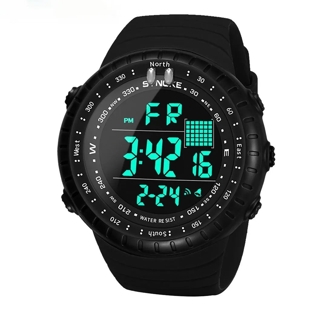 Black waterproof electronic outdoor watch with plastic case and PU strap showing 54.74mm dial
