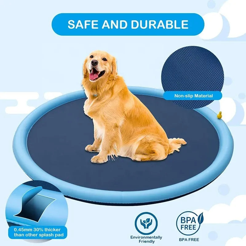 Blue circular dog splash pad on grass, 150 cm diameter, with water sprinkling from its surface.