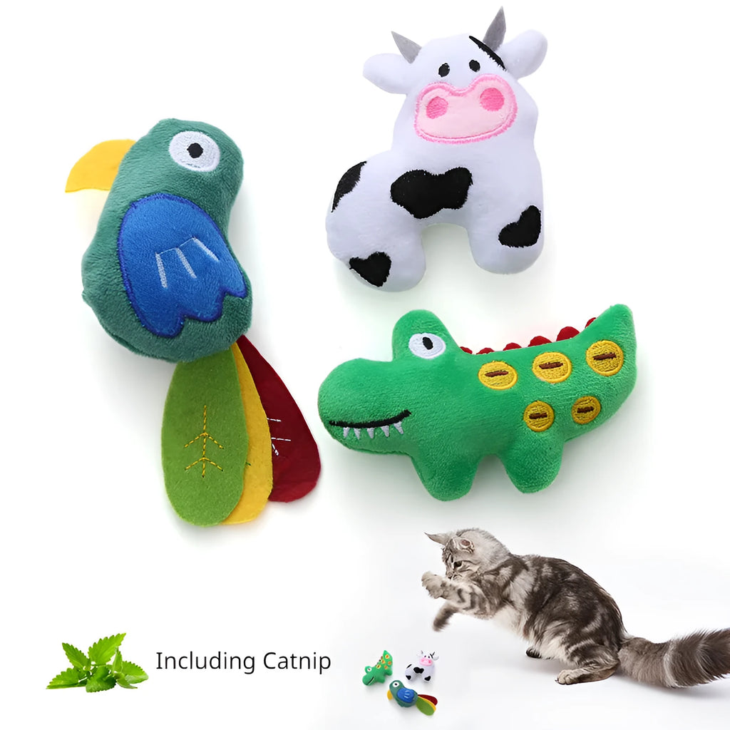 Soft plush cat toy shaped like a cow or parrot, filled with catnip, on a neutral background.
