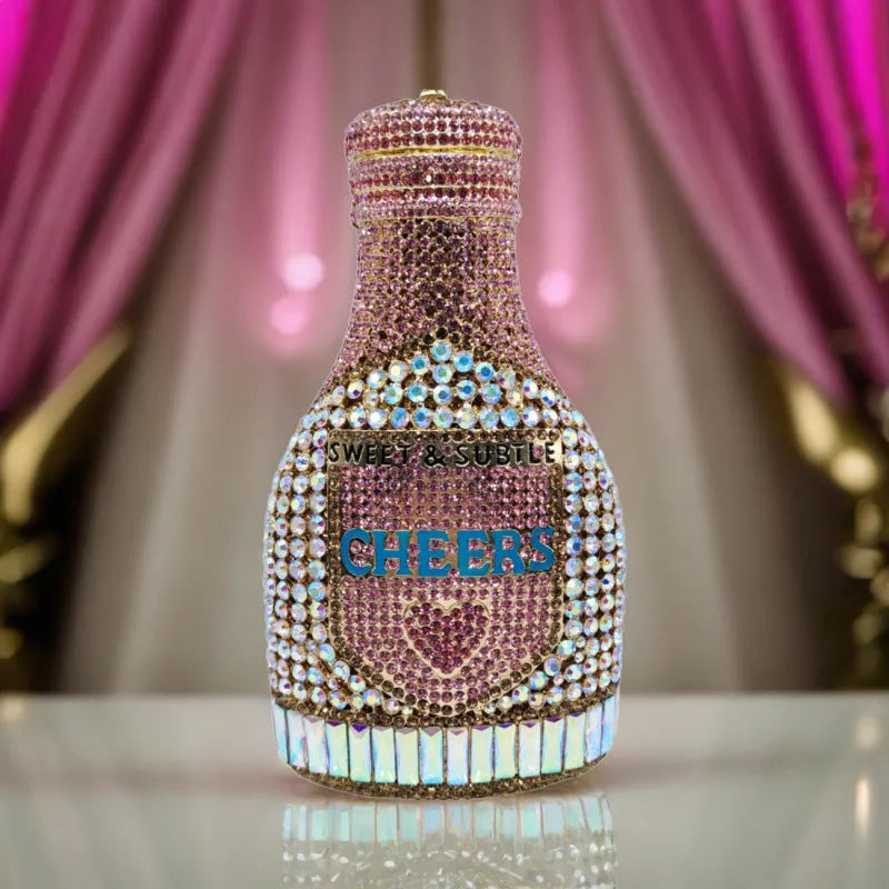 Gold hard shell champagne bottle clutch bag with rhinestones and alloy chain