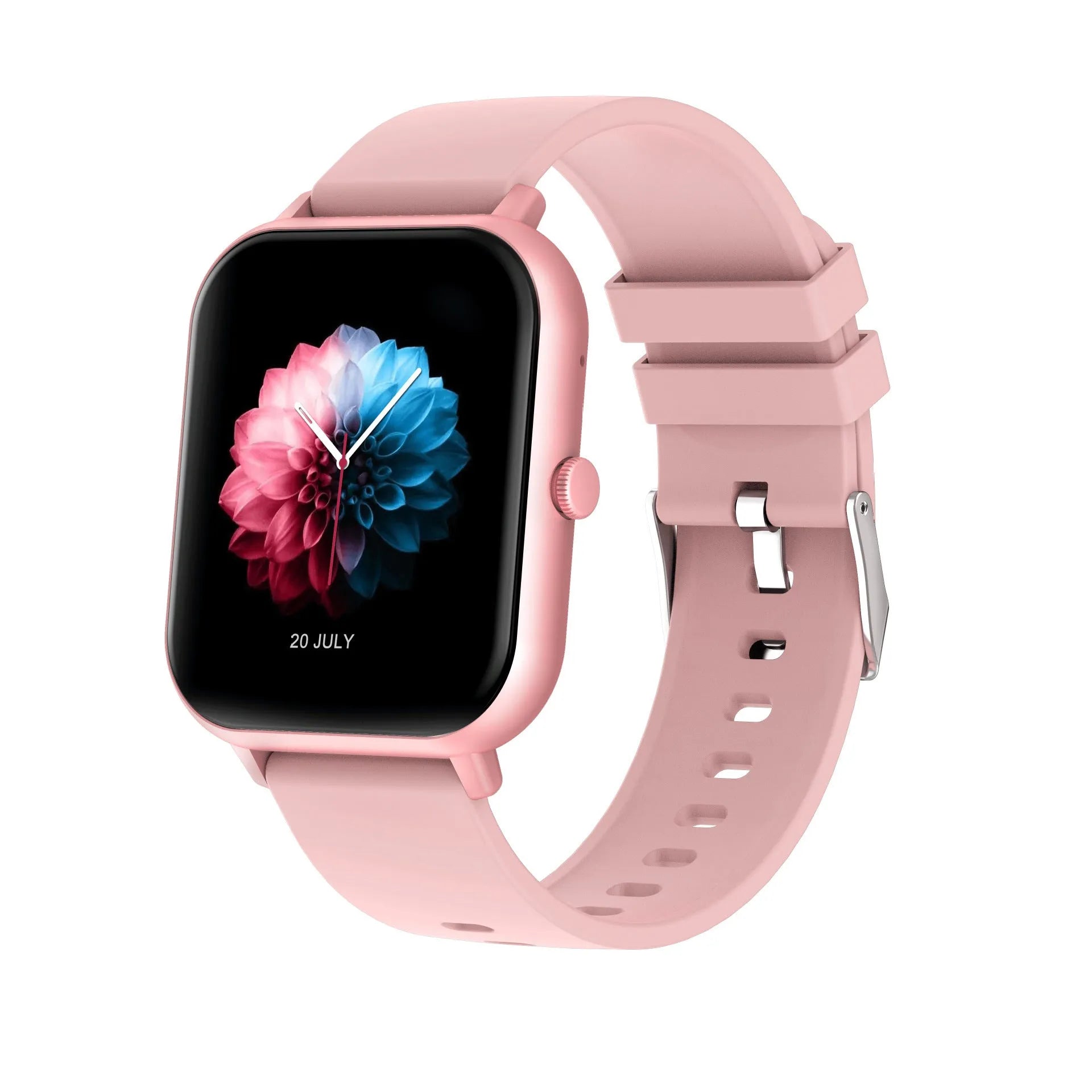 Bluetooth smart watch showing heart rate monitoring and camera remote control functions on TFT screen