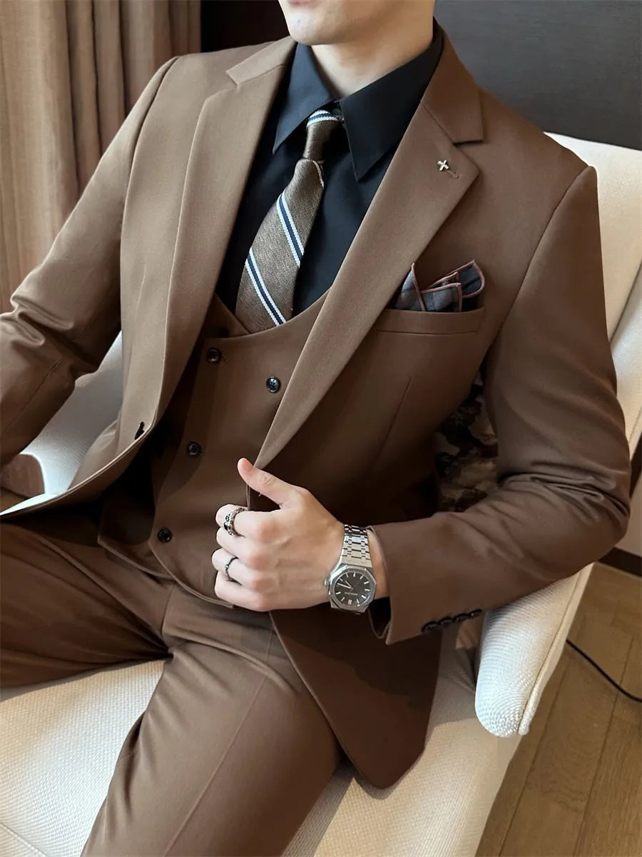 Men's slim-fit business trousers in chemical fibre blend available in camel, brown, and dark green colours
