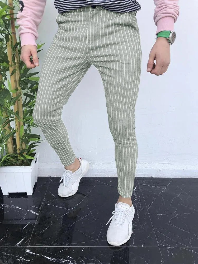 Men's slim-fit straight-leg casual trousers featuring a blue and black 3D printed plaid pattern.