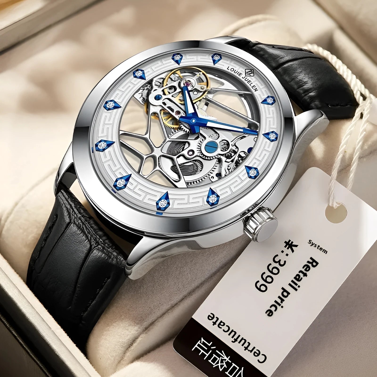 Men's silver case mechanical watch with white face, blue hands, black genuine leather strap and stainless steel butterfly buckle