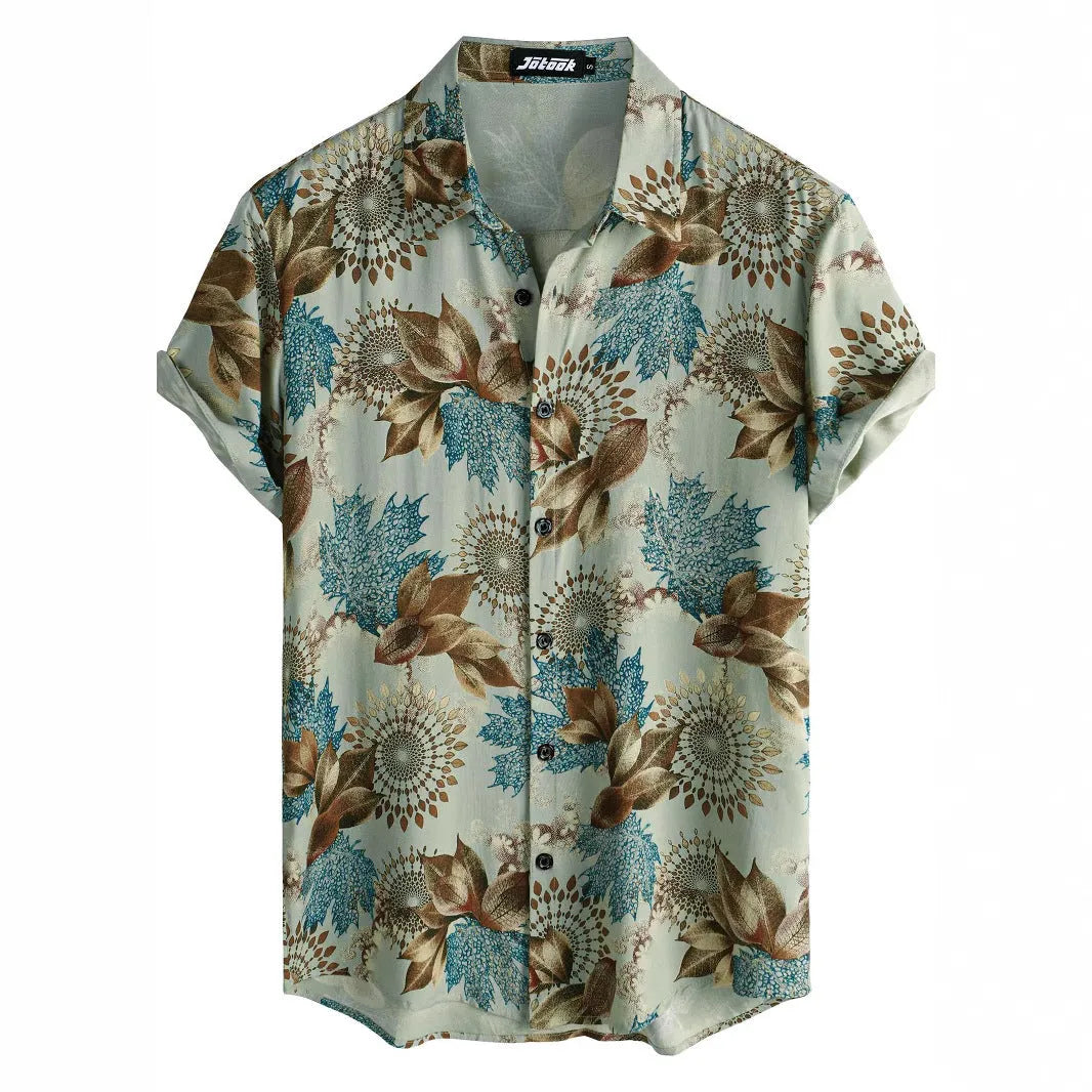 Hawaiian floral print short sleeve shirt with four-sided elastic polyester fabric