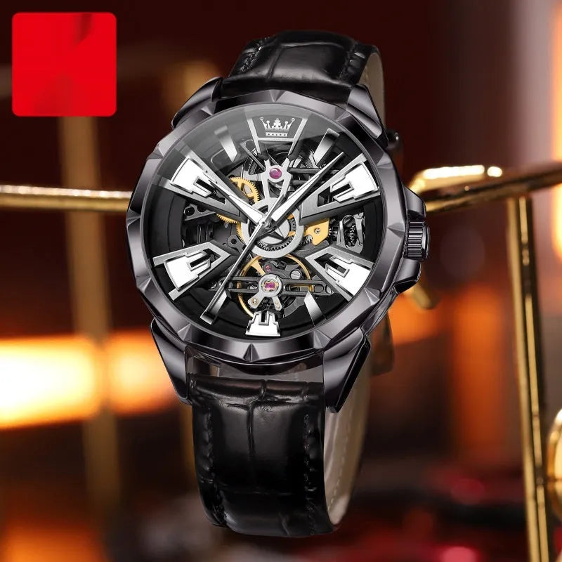 Men's automatic mechanical watch with 44mm barrel dial and transparent case back showing movement