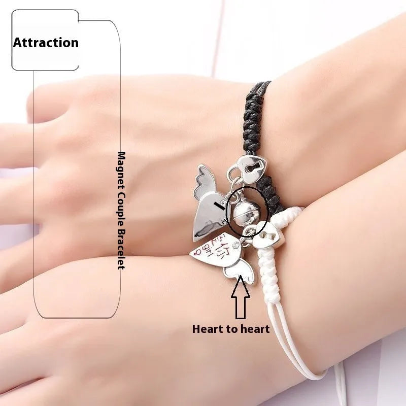 Alloy couple bracelets with magnet closure showing various design options including crown, clover, and text patterns