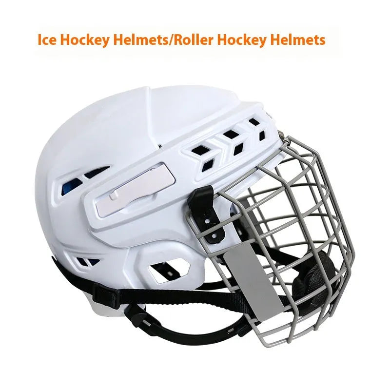 Ice hockey helmet with a carbon steel face mask, showing a black polypropylene shell and cushioned interior.
