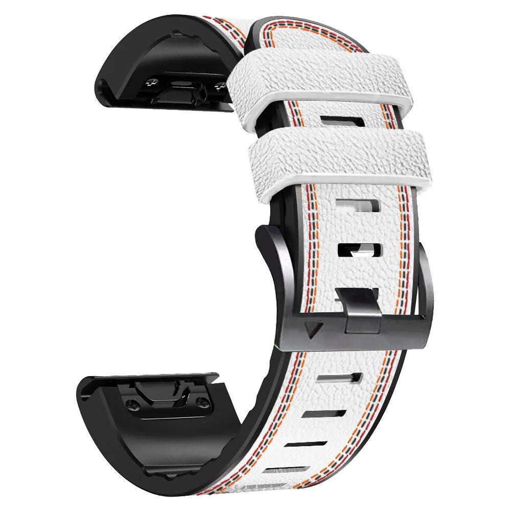 Silicone leather watchband for Garmin Fenix smartwatches with quick release bars in black colour.