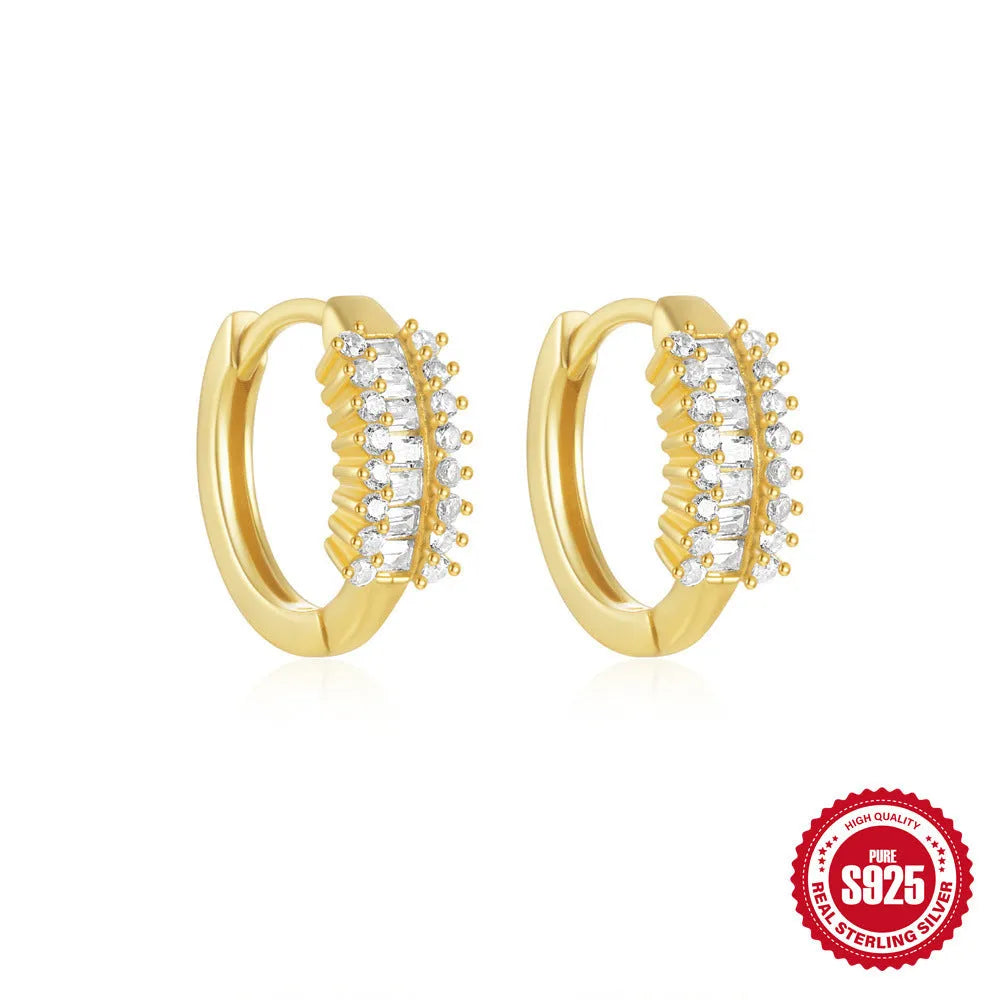 Sterling silver geometric stud earrings with small round diamond accent in gold or silver finish