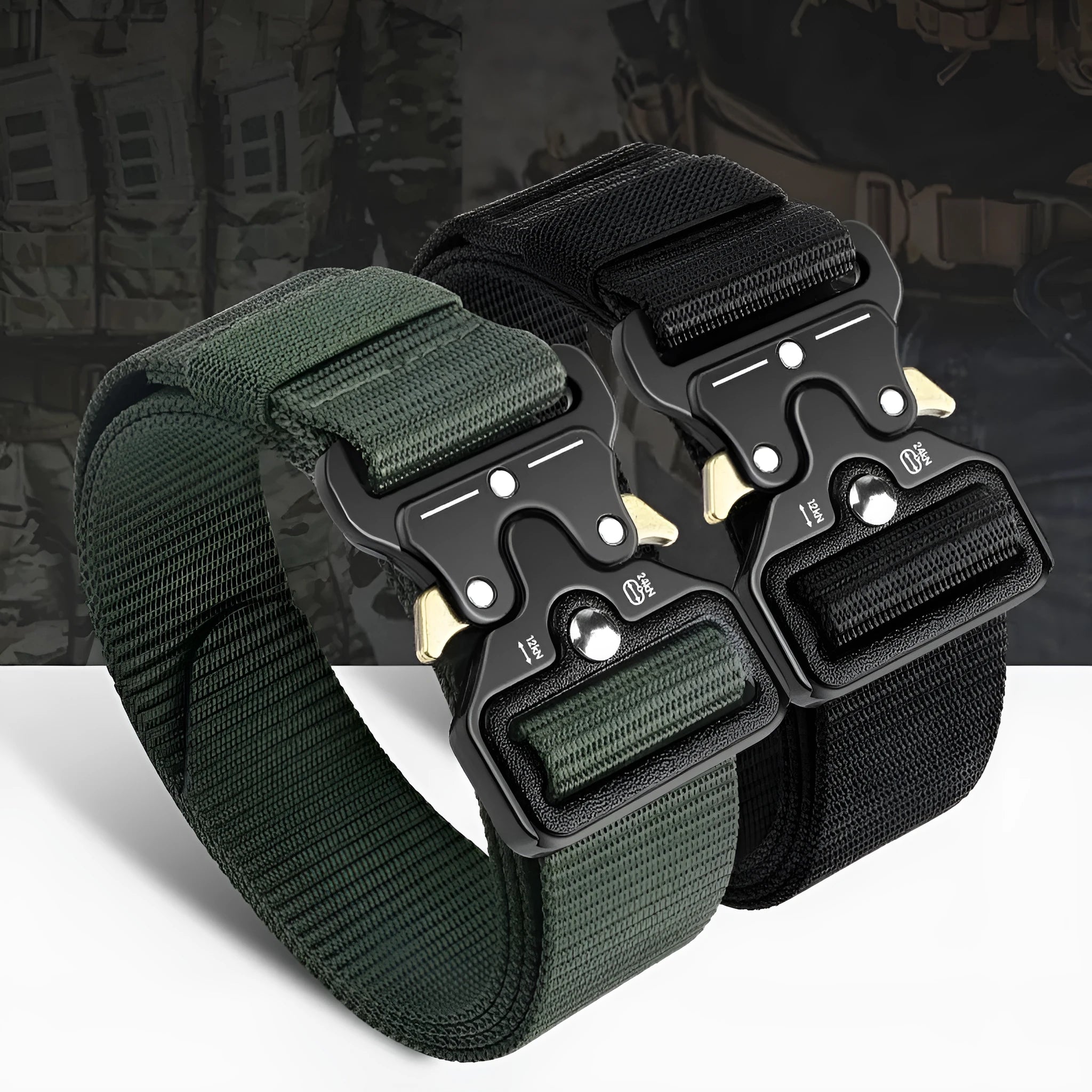 Men's thick canvas tactical belt with alloy release buckle, shown in multiple colour options including Army Green and black.