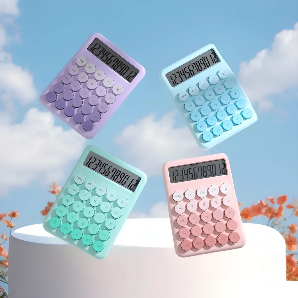 Violet, blue, green, and pink gradient colour desktop calculator on a desk.