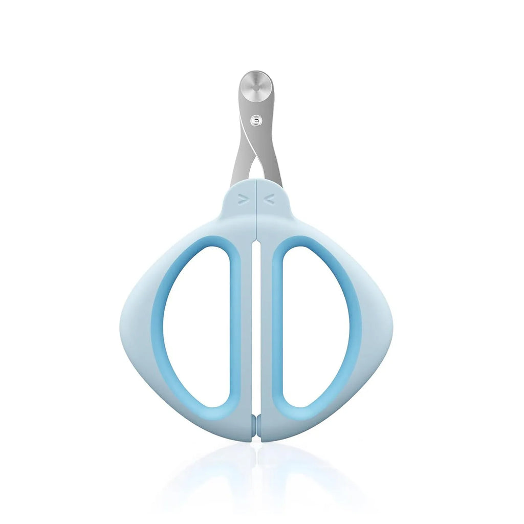 Blue cat nail clipper with positioning round hole and non-slip handle for safe pet grooming