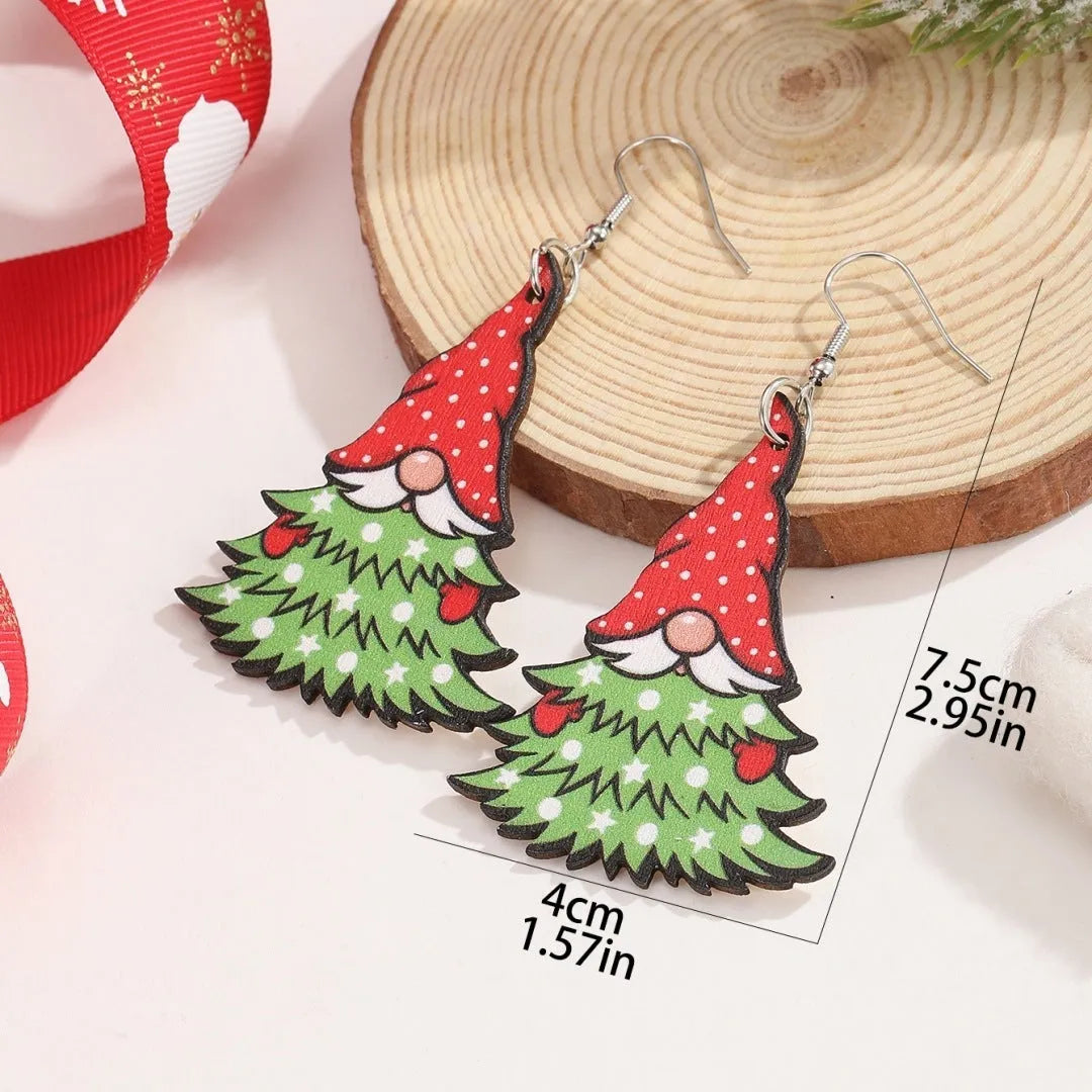 Women's wooden Christmas earrings with geometric shapes and printed Santa Claus designs