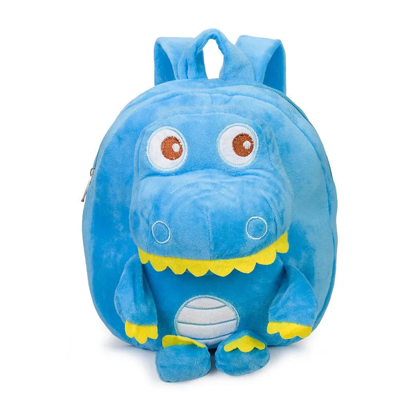 Dinosaur plush toy backpack for children with embroidery detailing and soft handle in blue colour