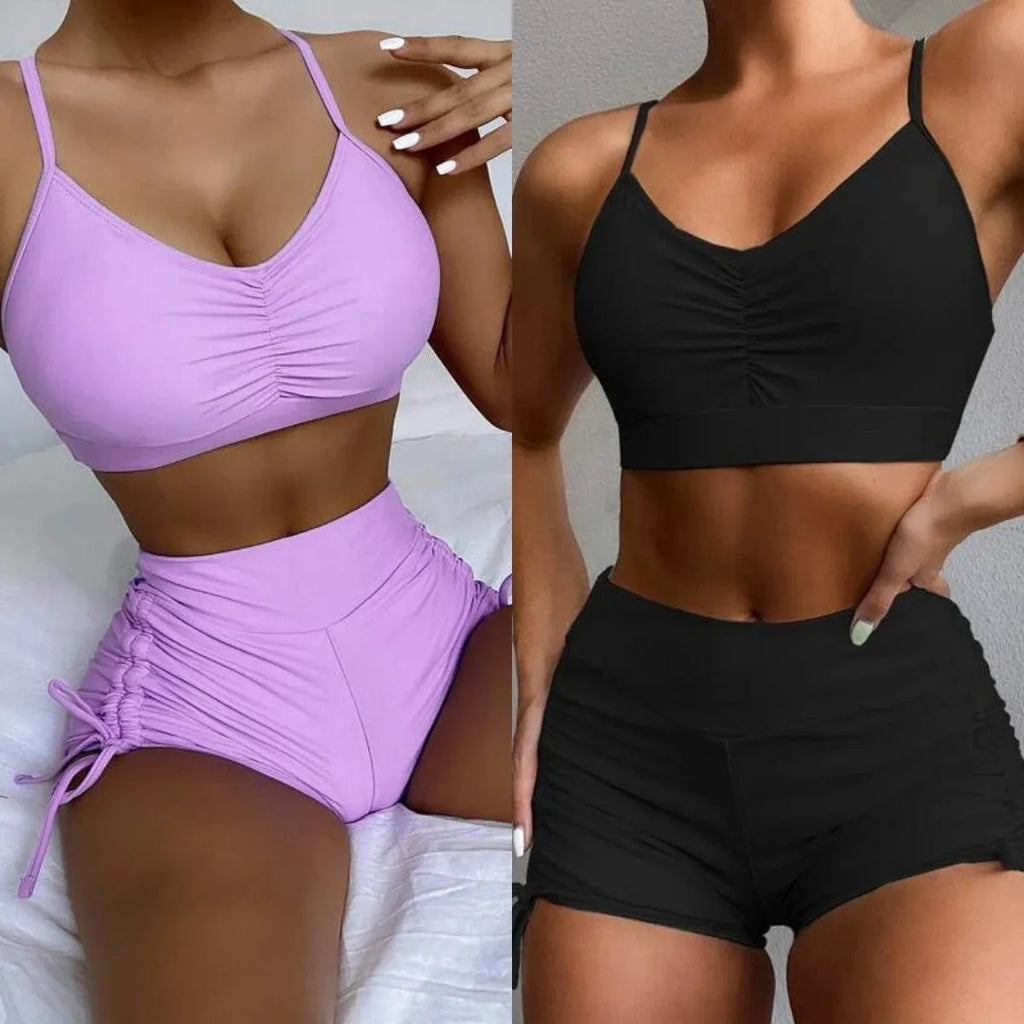 Women's high waist split swimsuit bikini in black or purple colour with briefs styling