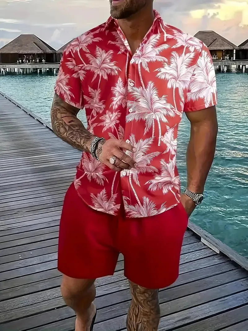 Man wearing a blue Hawaiian 3D printed short sleeve top and matching shorts leisure suit set.