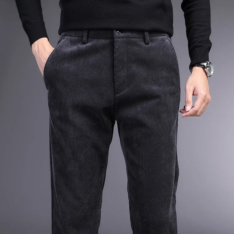 Retro striped straight-leg trousers in khaki colour with zip-fly closure